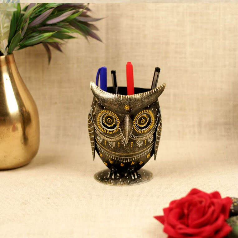 Iron-Painted-Owl-Pen-Stand-Rajasthan-Handicrafts