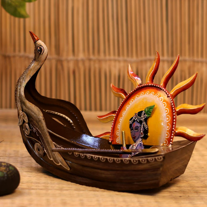 Metal-Hand-Painted -Boat-with-Krishna