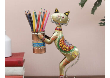 Metal-Multicolour-Hand-Painted-Cat-Pen-Stand-Rajasthan-Handicraft