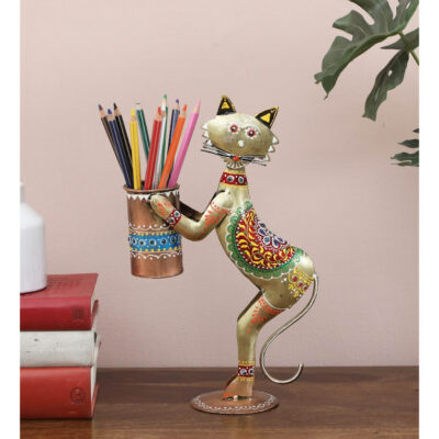 Metal-Multicolour-Hand-Painted-Cat-Pen-Stand-Rajasthan-Handicraft