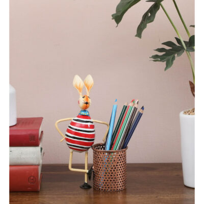 Metal-Multicolour-Hand-Painted-Rabbit-Pen-Stand-Rajasthan-Handicraft