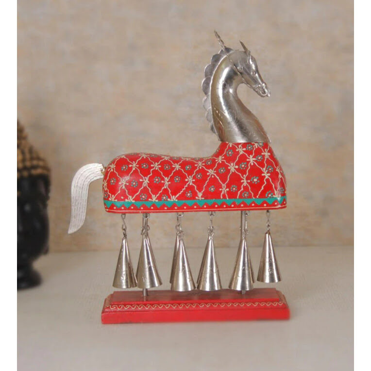Multicolor-Iron-Wooden-And-Metal-Maroon-Horse-With-Bells