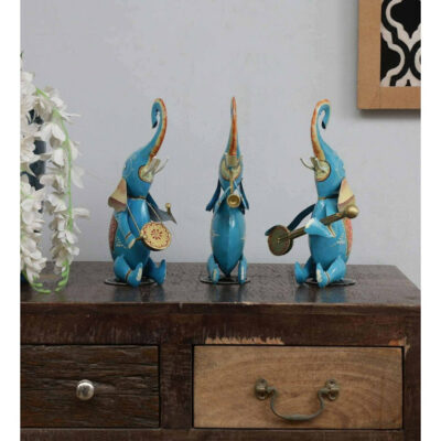 Multicolour-Iron-Metal-Painted-Musician-Elephant-Animal-Figurine-Set-Three