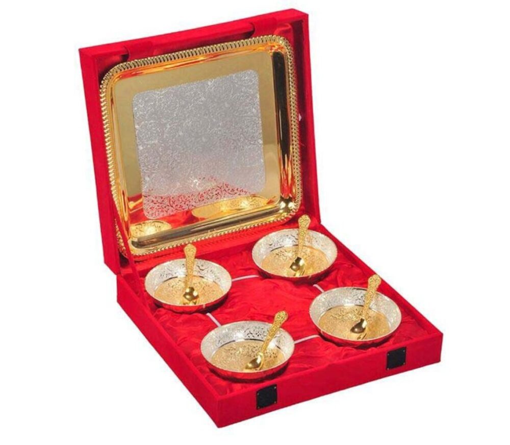 Gold-Plated-Brass-of-Four-Bowls-with-Tray-Set